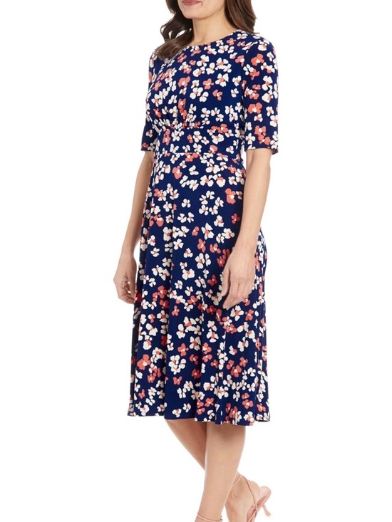 London Times Dresses & Skirts - London Times Navy Floral Midi Dress with Coral and White Blooms